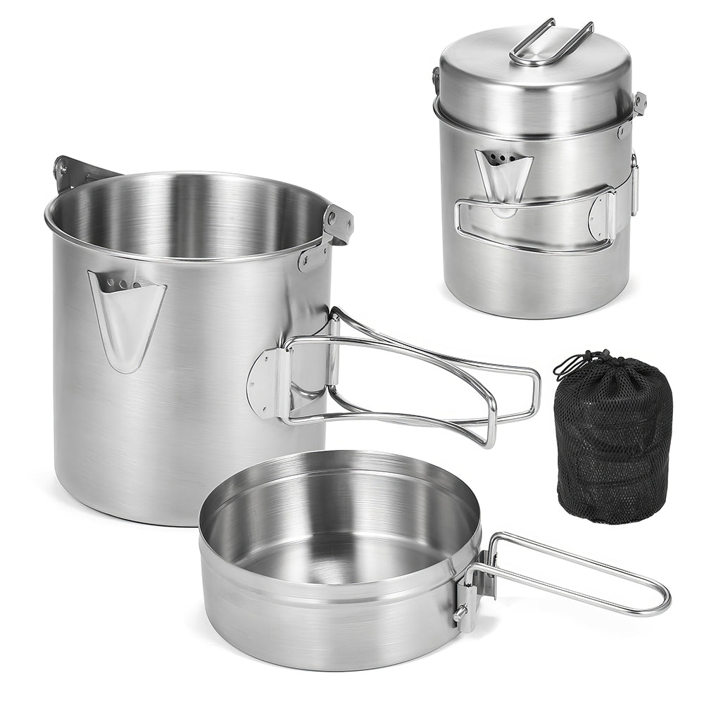 Stainless Steel Camping Pot with Foldable Handle and Lid Pan