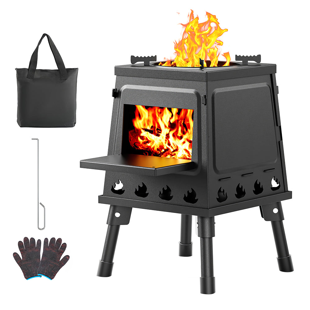 Portable Cast Iron Camping Wood Stove with Carry Bag for Outdoors