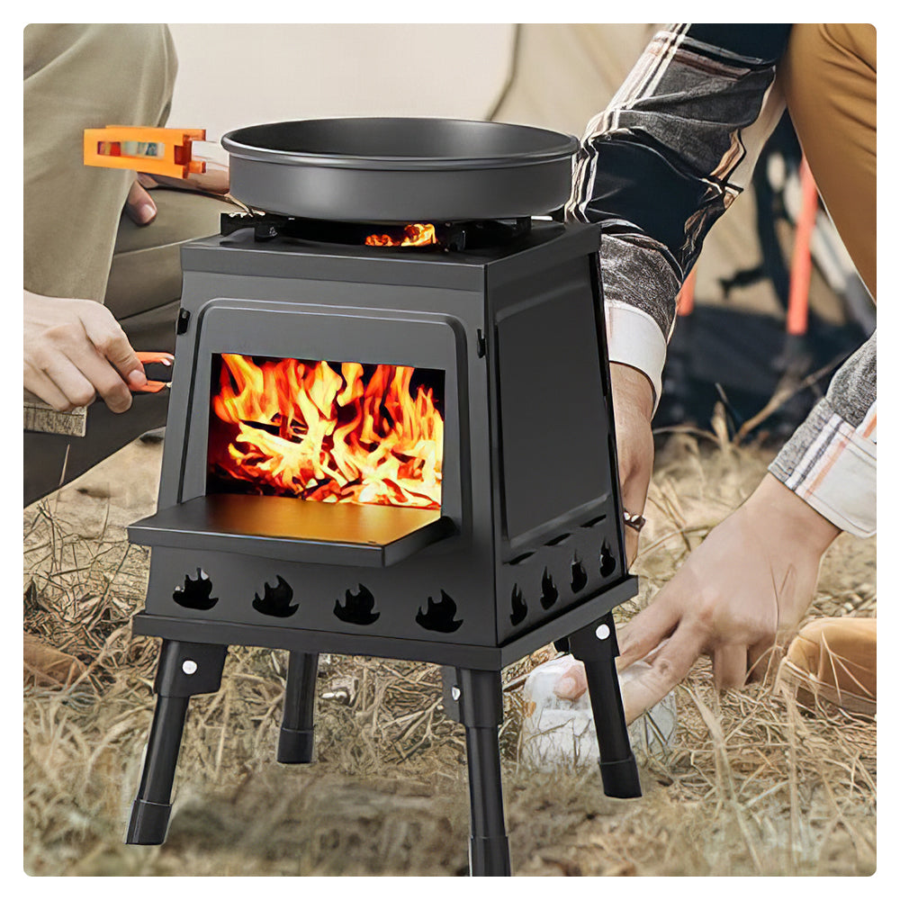 Portable Cast Iron Camping Wood Stove with Carry Bag for Outdoors