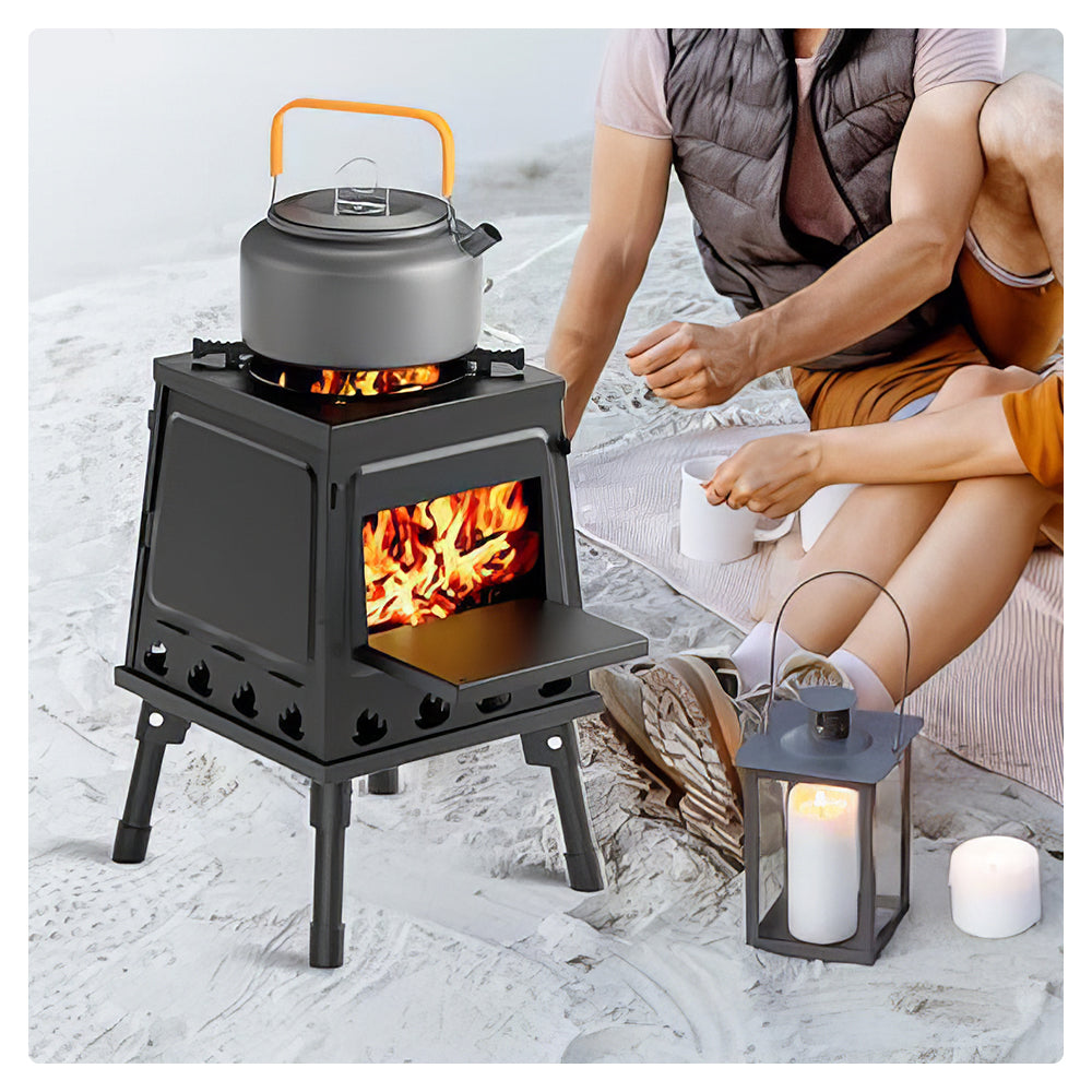 Portable Cast Iron Camping Wood Stove with Carry Bag for Outdoors