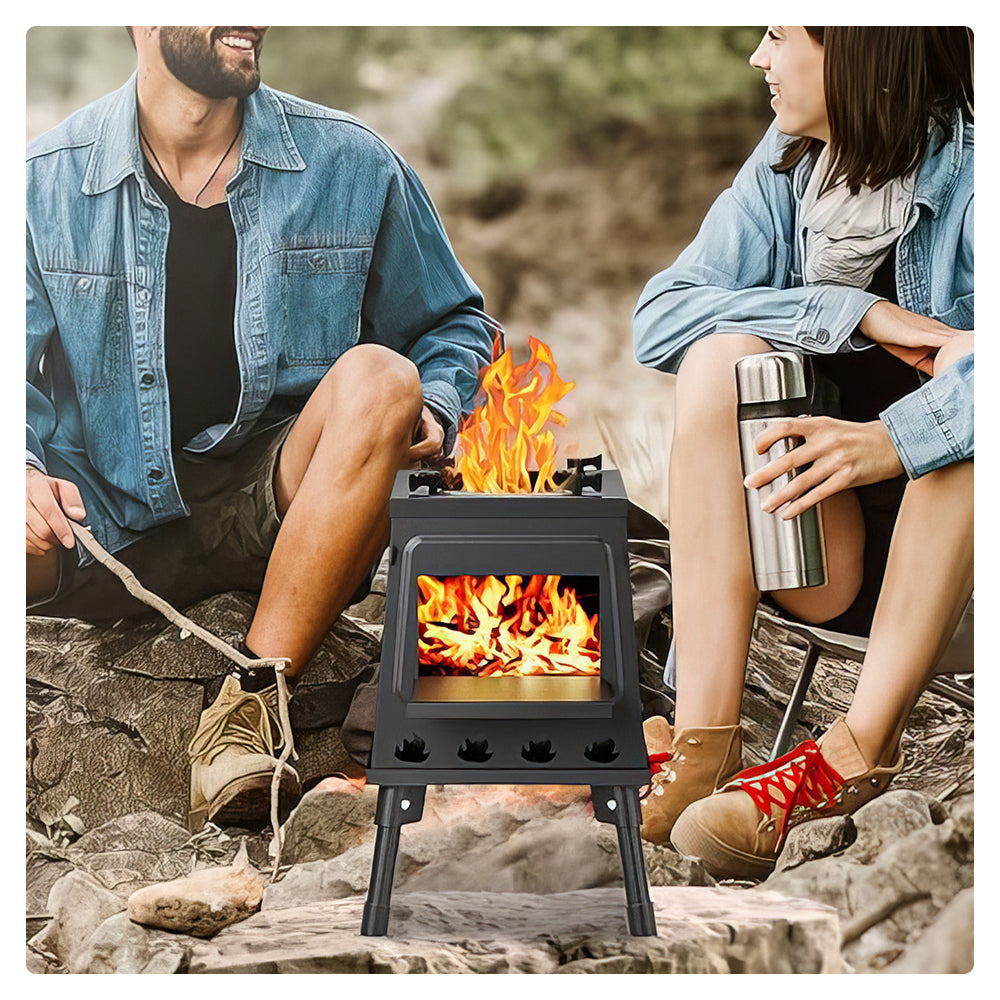 Portable Cast Iron Camping Wood Stove with Carry Bag for Outdoors